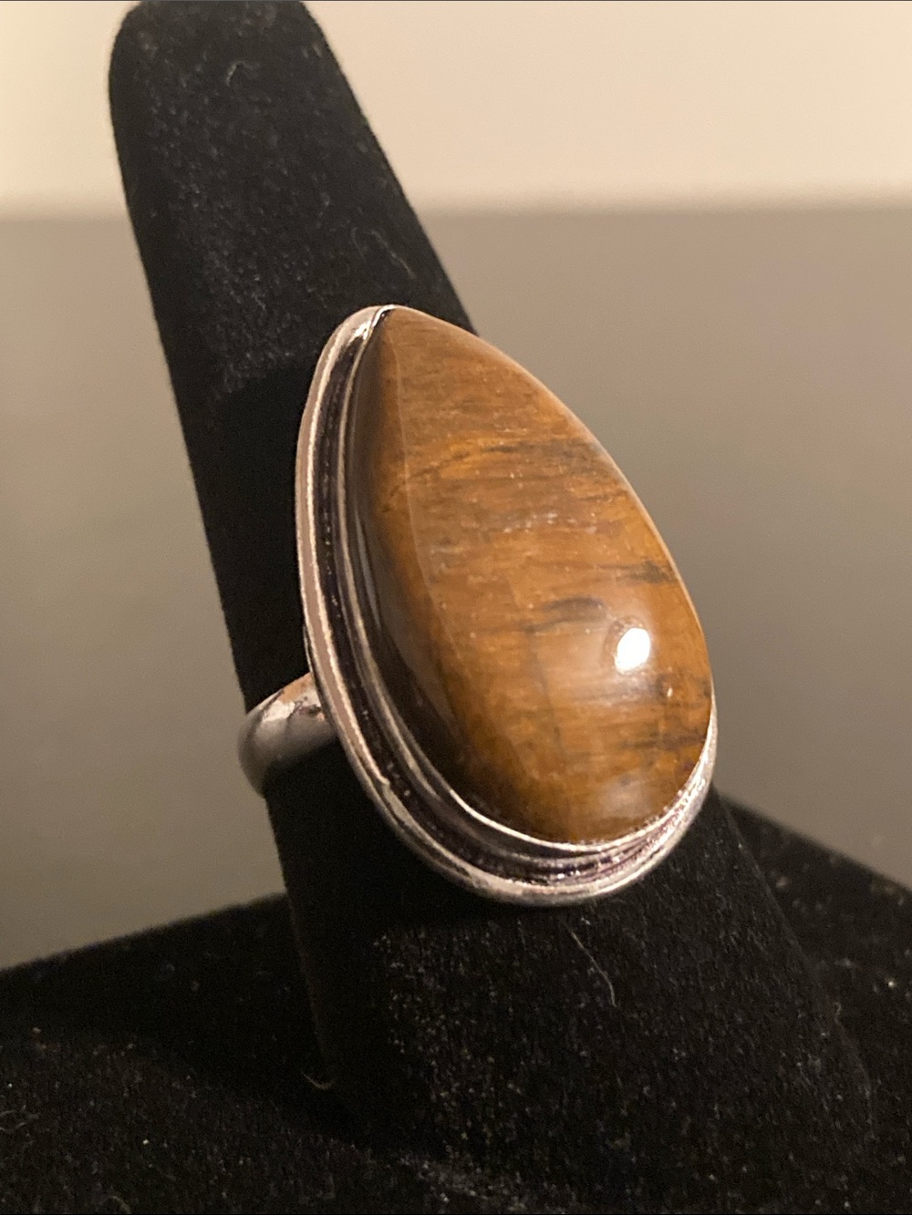 Teardrop Tiger's Eye Sterling Silver Ring - Brown size 9